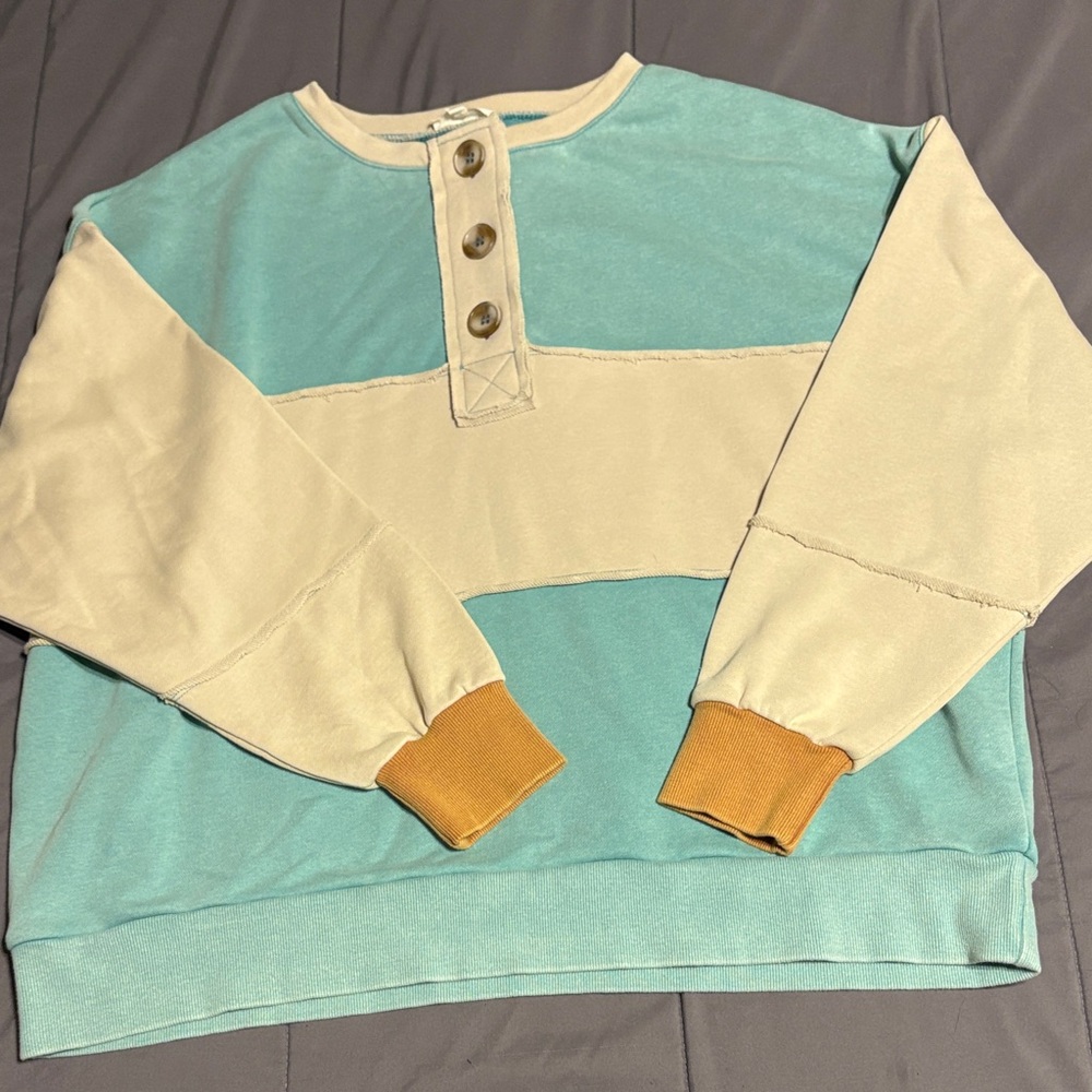Easel Cream and Blue Buttoned Sweatshirt Top